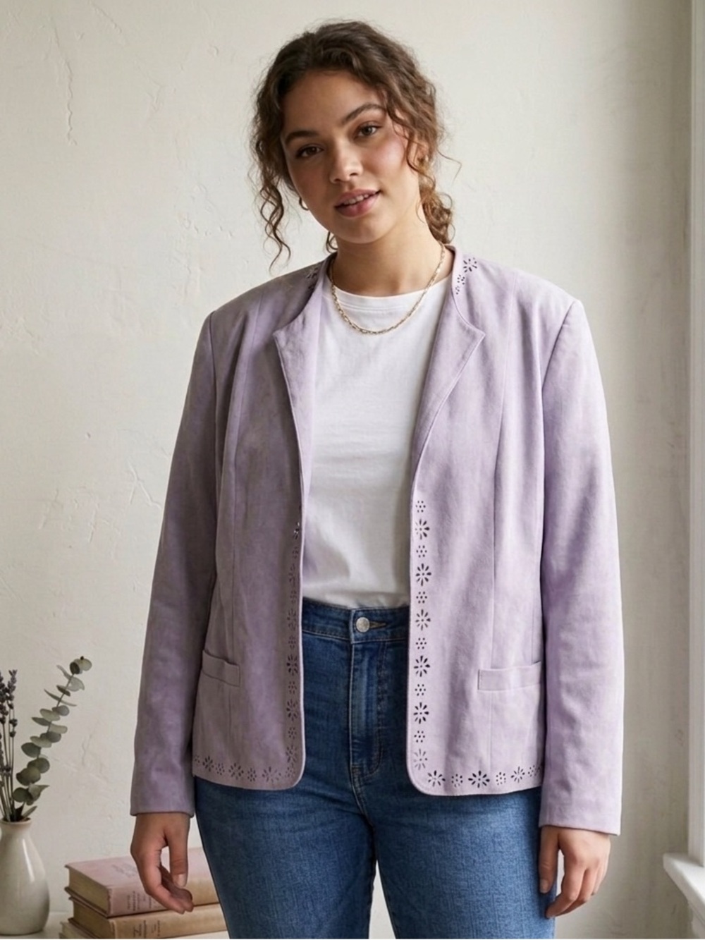 Alfred Dunner Lavender Suede Open-Front Blazer with Laser-Cut Trim